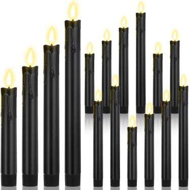 Imagem de Macarrie 12 velas de LED cônicas sem chama, operadas por pilha, 17 cm, 22 cm, 25 cm, 25 cm, velas 3D em forma de cera de gotejamento para decoração de casamento de Halloween e Natal (preto)