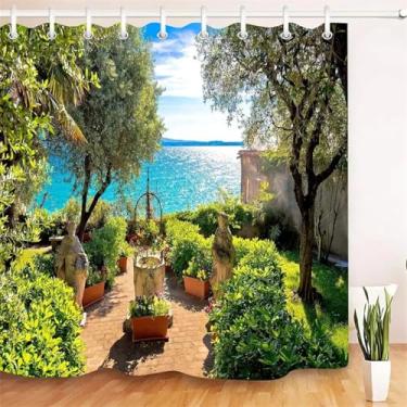 Imagem de Cortinas de chuveiro com cenário de pátio paisagem oceano cortina de banheiro impermeável decoração de pano cortina de banho com 12 ganchos 80 x 160 cm/LxA cortina de chuveiro de tecido
