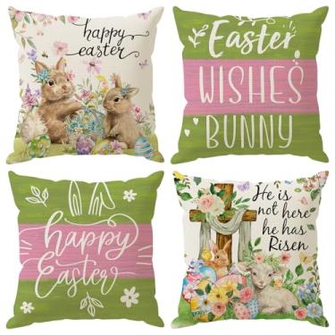 Imagem de ZAEW Capas de almofada de coelho, ovos, cordeiro, pintinho, cruz, flores, coelho, Páscoa, conjunto de 4 capas de almofada para decoração de festa de 45 x 45 cm