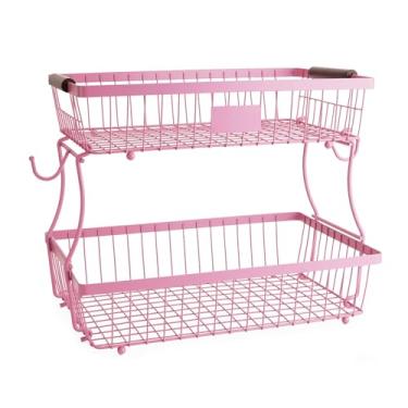 Imagem de Cesta de frutas de 2 camadas com 2 cabides de banana para balcão de cozinha, suporte de armazenamento de produtos de bancada de vegetais, rosa