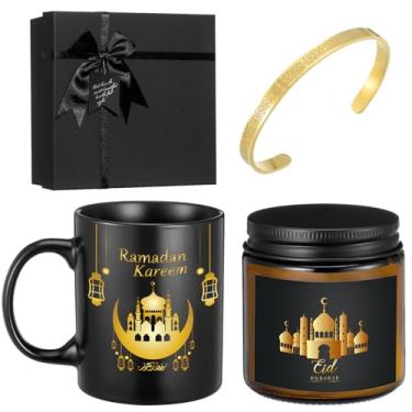 Imagem de Meanplan 4 peças de presentes de Eid do Ramadã islâmico, caneca de Mubarak, velas perfumadas do Ramadã, pulseiras de ouro, pulseiras de joias para homens e mulheres muçulmanos, presentes de ano novo