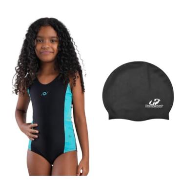 Imagem de Kit Maiô Infantil Natação Piscina + Touca Silicona Grande (Preto/Estampa Verde Veleiro - Touca Preto, 16)