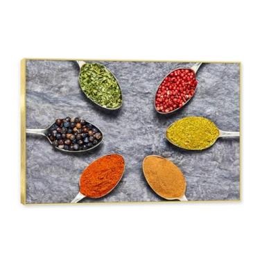 Imagem de Moldura dourada. Arte de parede em tela de especiarias coloridas e colher de tempero | Decoração de cozinha vintage | Arte moderna para casa e sala de jantar. C117. 50 x 75 cm - 19,7 x 29,6 pol