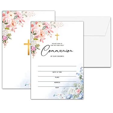 Imagem de Convites florais de batismo, convite de festa religiosa de primeira comunhão rosa e azul, cerimônia de batizado, 25 cartões de convite com 25 envelopes (A01)