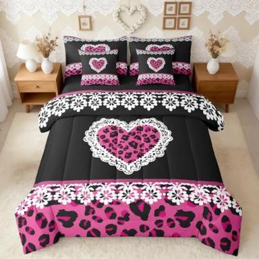 Imagem de Feelyou Jogo de cama casal com estampa de leopardo damasco, 7 peças, estampa de coração de guepardo rosa, para crianças, meninos, meninas, cama de renda branca em uma bolsa, decoração de quarto