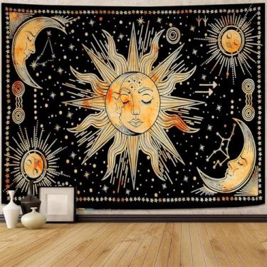 Imagem de FENDROM Tapeçaria hippe boho sol e lua, tapeçarias coloridas tripy, estética mística, sol ardente, lua, cobertor para pendurar na parede para quarto, sala de estar, dormitório