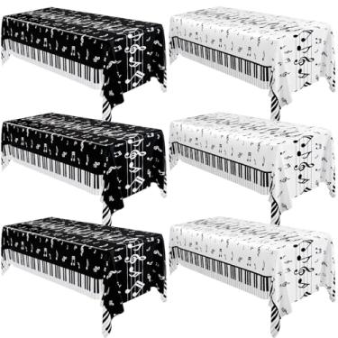 Imagem de Mindsoft 6 peças de toalha de mesa de festa com notas musicais 213 x 128 cm, decorações temáticas, descartáveis, plásticas, musicais, à prova d'água, para festa de aniversário, tema musical (preto e