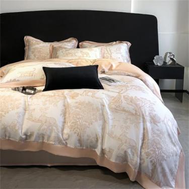 Imagem de Conjunto de cama natural macio e sedoso, suave para a pele, com estampa de leopardo e plantas da floresta, capa de edredom e lençol, tamanho casal (4 peças).