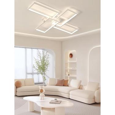 Imagem de Luminária de teto decorativa moderna em LED, estilo nórdico, com intensidade regulável, função de memória e controle remoto para sala de estar, quarto e sala de TV (branca, 90 cm).