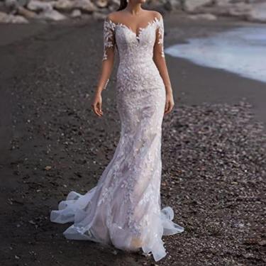 Imagem de Vestidos De Noiva Para Noiva Branco Longo Decote Em V Fora Do Ombro Elegante Manga Longa Quadril Envolto Em U Tule Renda Aplique Vestido De Noiva Tamanho Grande Com Trem,Branco,36,Collector88