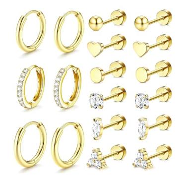 Imagem de Incaton Conjunto de brincos de cartilagem banhados a ouro 14 K para piercing múltiplo, hipoalergênicos, cirúrgicos, de aço inoxidável, para mulheres, brincos de argola pequena, Small, Metal, Zircônia