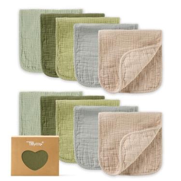 Imagem de TILLYOU Panos para arrotar musselina bebê menino menina 50,8 cm x 25,4 cm, 6 camadas absorventes 100% algodão panos grandes macios, pacote com 10 (verde gradiente)
