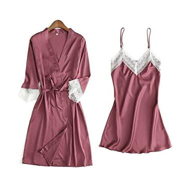 Imagem de 3FLQOOPP Conjunto de roupão feminino vestido de noite de cetim de seda 2 peças lingerie feminina para dormir (rosa vermelha 1X)
