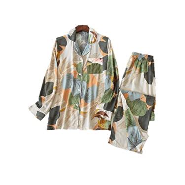 Imagem de HHHJQFAAT Pijama feminino primavera e outono manga comprida conjunto de pijama terno casa pijama feminino (verde grande)