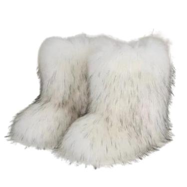 Imagem de Chlemeter Bota feminina de pele sintética, quente, confortável, para uso ao ar livre, sem salto, peluda, curta, cano médio 2025, Branco-1, 40