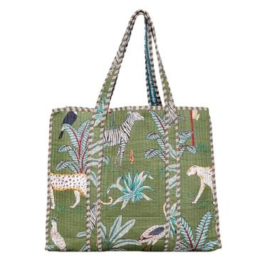 Imagem de Bolsa feminina acolchoada de algodão | Bolsa de ombro leve com bolso interno, Verde, Large, Sacola com estampa acolchoada