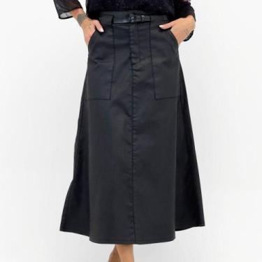 Imagem de Saia Specific Jeans Midi Resinada Evasê Feminina, 46, Preto