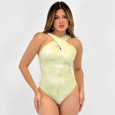 Imagem de Maiô Bana Bana Estampado Tanga com Bojo Feminino, G, Off white, Verde