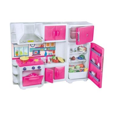 Imagem de Cozinha Infantil de Brinquedo Cozinha de Brinquedo Rosa com Geladeira Armário Fogão Mic...
