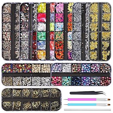 Imagem de Artdone 9 caixas de strass para unhas, pedras preciosas para unhas, diamantes de unhas, cravos de arte para unhas, cristais de unhas, conjunto de lantejoulas para unhas com 1 pinça