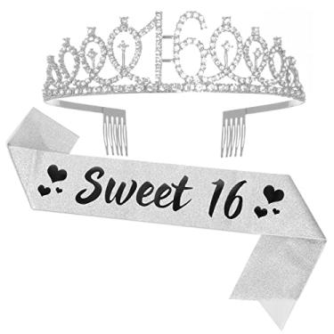 Imagem de Faixa e tiara de aniversário de 16 anos para meninas, linda faixa e coroa de aniversário de 16 anos, presentes de feliz aniversário de 16 anos para meninas, suprimentos e decorações de festa, prata
