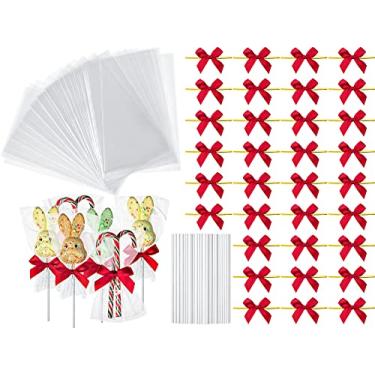Imagem de Conjunto de 300 peças de pirulito para fazer bolos, incluindo 100 peças de laços torcidos de fita de cetim vermelha, 100 peças de sacos de celofane, 100 peças de palitos de bolo de papel para fazer pirulitos, pirulitos
