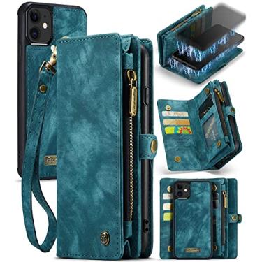 Imagem de ZORSOME Capa carteira para iPhone 11,2 em 1 couro premium destacável PU com 8 compartimentos para cartões, bolsa magnética com zíper, alça de pulso para mulheres, homens, meninas, azul