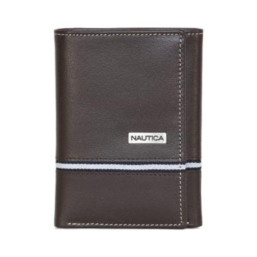 Imagem de Nautica Carteira masculina clássica de couro com três dobras RFID (disponível em grãos lisos ou seixos), Fita com logotipo - marrom, tamanho nico