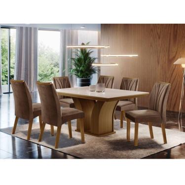Imagem de Conjunto Sala de Jantar Mesa 180x90cm Tampo Vidro com 6 Cadeiras Espresso Móveis. Castanho Fosco/Caramelo