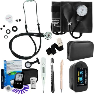 Imagem de Kit Enfermagem Completo Preto Estetoscópio Esfigmomanômetro Oximetro Glicosímetro Garrote Termometro, Lanterna Clínica, Relógio Lapela + Caneta de Osso