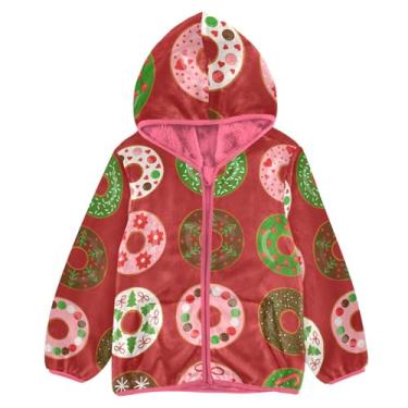 Imagem de Ilustração de padrão de donuts de Natal jaqueta infantil sherpa jaqueta infantil outono jaqueta de lã rosa jaqueta com zíper, Ilustração de padrão de donuts de Natal, 3 Anos
