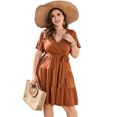 Imagem de KOJOOIN Vestido feminino plus size com decote em V, cintura alta, manga curta, vestido midi casual de verão com cinto, Manga curta caramelo, XGG
