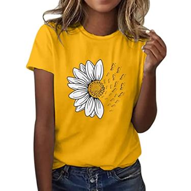 Imagem de Camiseta feminina de verão com estampa de girassol, caimento solto, manga curta, gola redonda, casual, para sair, Amarelo, GG