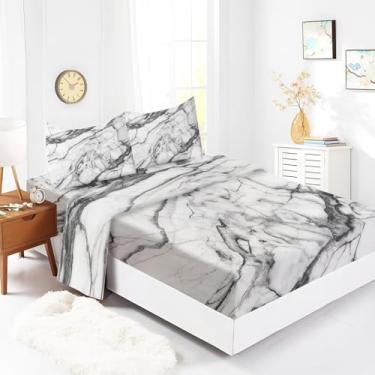 Imagem de Lençol de casal 137 cm x 190 cm mármore branco cinza 4 peças, lençol de cama luxuoso de microfibra macia, lençol com elástico profundo de 40 cm, respirável, resistente a rugas, resistente ao