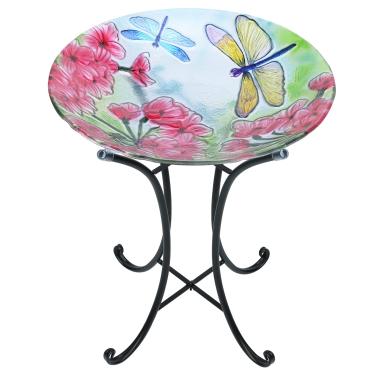 Imagem de MUMTOP Banhos de pássaros para pássaros ao ar livre – Tigela de banho grande com libélula com suporte de metal, banheiras de vidro para pássaros para decoração de jardim e gramado