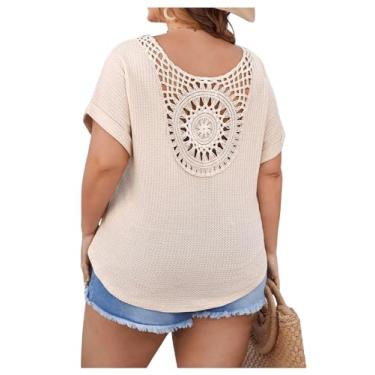 Imagem de MakeMeChic Camiseta feminina plus size vazada frente única manga curta gola V verão tops, Damasco, 3G Plus Size