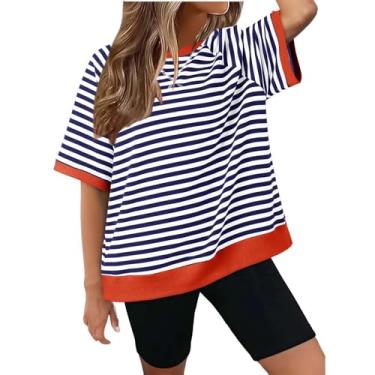 Imagem de Camiseta feminina listrada Color Block, gola redonda, grande, manga curta, camiseta de verão para sair, Laranja, M
