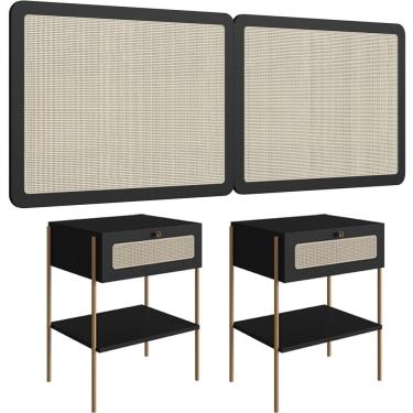 Imagem de Cabeceira Casal Queen 160cm e 2 Mesas Laterais 1 Gaveta Industrial Indy A03 Nero - Lyam Decor