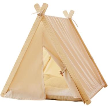 Imagem de Cama de ninho de gato tendas para gatos internos tenda de brincar camas grandes Canil de cachorro removível e lavável Four Seasons Pet Nest Cathouse removível de madeira maciça, bege puro