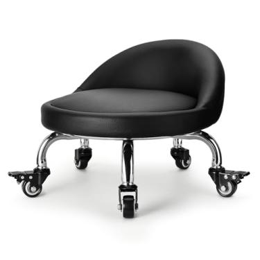 Imagem de LWADALN Banqueta de rodinhas com encosto de baixa altura com couro PU, cadeira de rolo, assentos de rolo para casa, escritório, garagem, loja, biblioteca