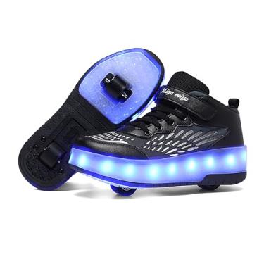 Imagem de Wooowyet Tênis de patins de LED para crianças, meninos, meninas, leve, moderno, com rodas, recarregável, USB, gancho e laço, Preto completo, 14