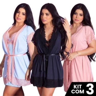 Imagem de Kit 3 Robes  Renda Luxo  Feminino Noiva Sexy Roupão de Banho Kimono Ro