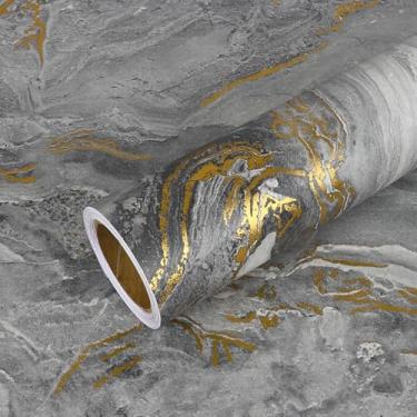 Imagem de VEELIKE Papel de contato de bancada de mármore líquido cinza dourado à prova d'água para bancadas, papel de contato de granito para bancadas, papel de parede de mármore autoadesivo de 40 x 900 cm para