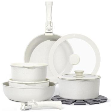 Imagem de Jogo de Panelas e Frigideiras Antiaderentes em Granito com 15 Peças e Cabo Removível, SODAY, Branco