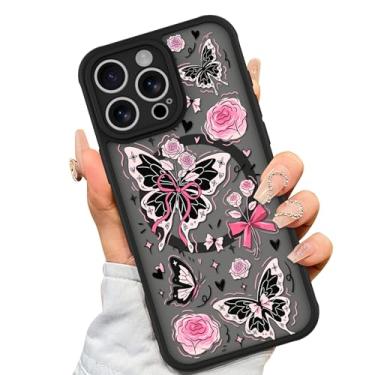 Imagem de AIGOMARA Capa para iPhone 16 Pro [Compatível com MagSafe] Linda Borboleta Rosa Flor Padrão Floral TPU Macio Capa Rígida PC Antiqueda À Prova de Choque Capa Magnética Fina para Mulheres e Meninas