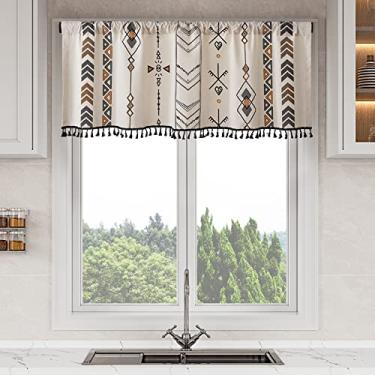 Imagem de Cortina Boho com Borlas Camadas de Tratamento de Janela Rústica para Cozinha Banheiro Cortinas Curtas Semisombreamento Bege Rod Bolso Cortinas de Linho de Algodão Padrão Estilo Boêmio (150 cm de Largura x 50 cm de Comprimento, 1 Painel)