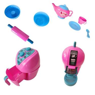 Imagem de Kit Cozinha Brinquedo Infantil 9 Peças Air Fryer Cafeteira Interativa 