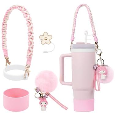 Imagem de HATOTO Conjunto de acessórios Stanley Cup, desenho fofo Kawaii Pom Pom com alça de garrafa de água, bota Stanley Cup de silicone, pingentes Stanley para copo Stanley 30/1,134 g (rosa 2)