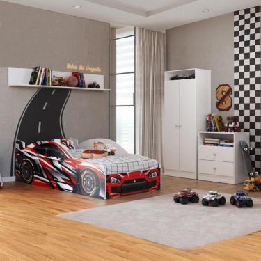 Imagem de Quarto Infantil Completo Com Cama Carro Para Colchão 88x188cm Multimóveis Mp4340 Branco/vermelho