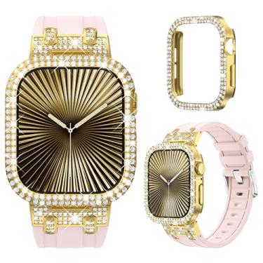 Imagem de NewWays Pulseira feminina de silicone para Apple Watch Série 10 Série 10 de 46 mm, design de luxo, diamantes brilhantes de 2 fileiras com adaptadores de metal para S10 iWatch